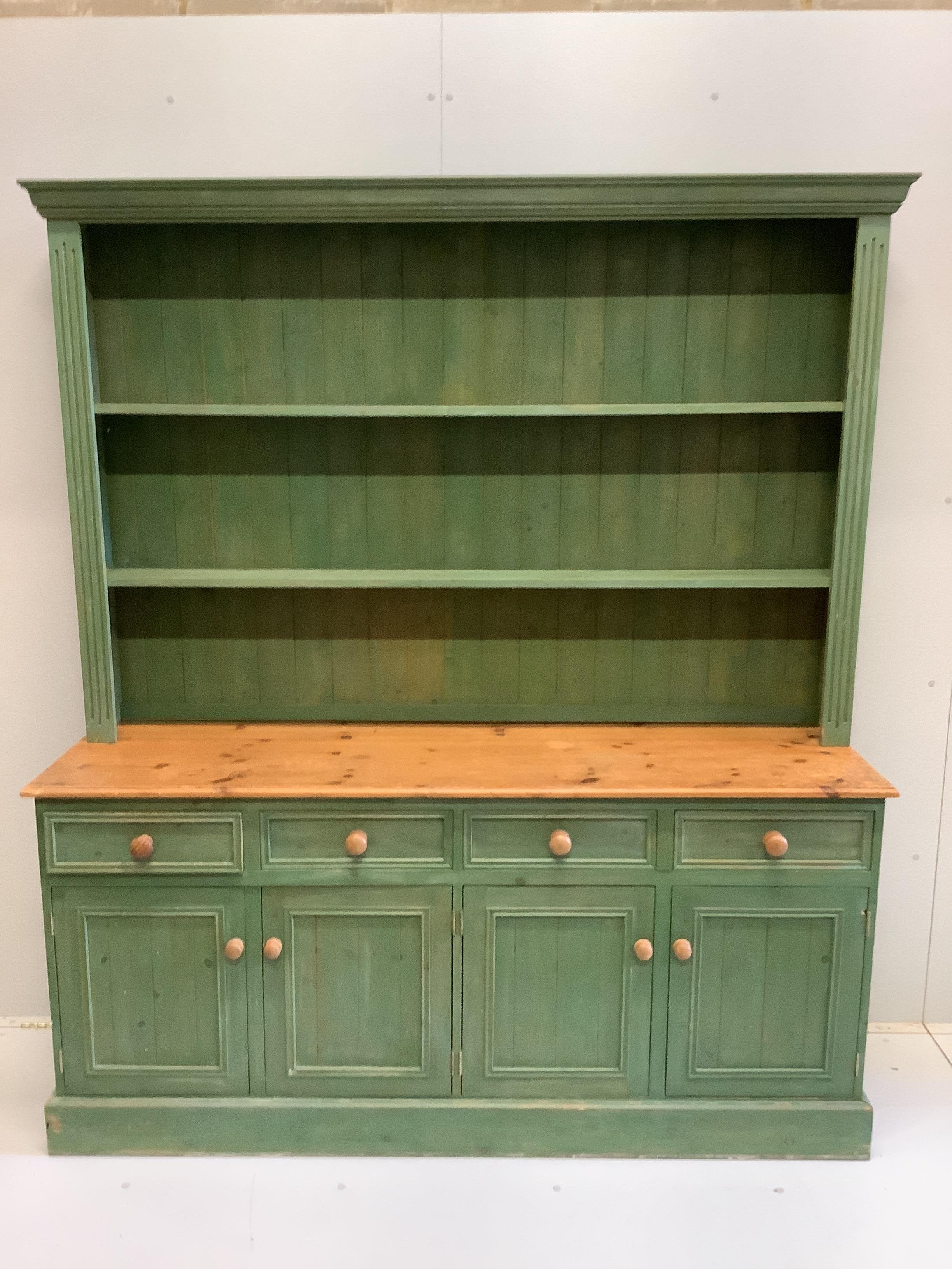 A Victorian style part painted pine dresser with boarded rack, width 172cm, depth 50cm, height 198cm